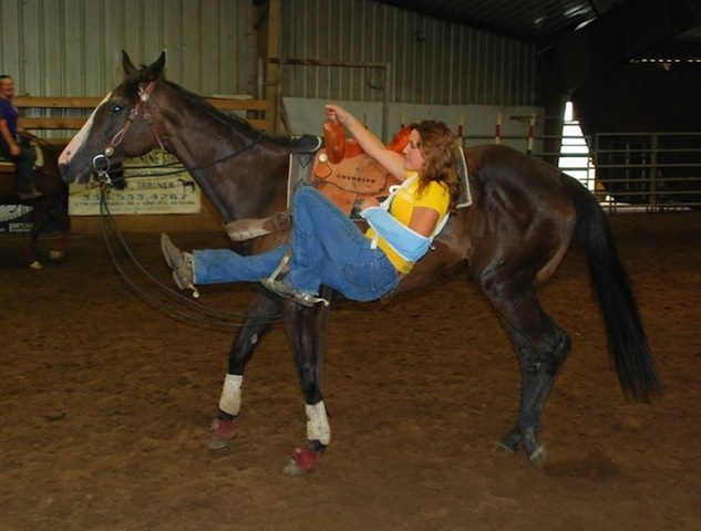 Sassy and her new owner/rider win the first Extreme Retired Racehorse Makeover Barrel Race