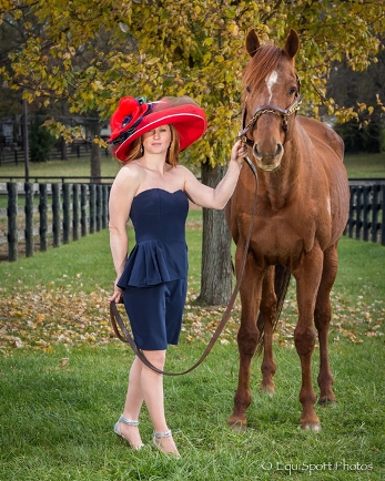 Leading jockey Rosie Napravnik poses with Geri, the hat and the horse.The hat is the final auction piece for the 5th annual Hats off for Old Friends fundraiser.