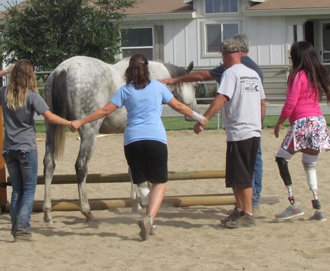 A horse offers comfort to participants at a Healing Arenas session.