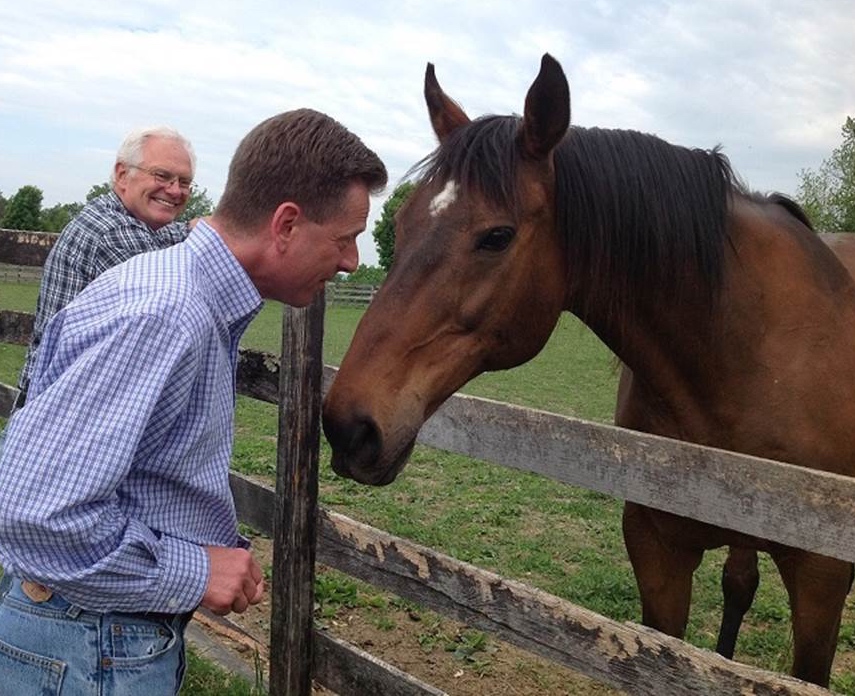 Richard "The Mig" Migliore visits with CL Rib at the Thoroughbred Retirement Foundation's facility in Wallkill, N.Y.