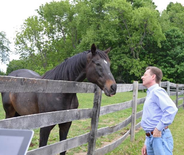 Bubba Sparks greets Migliore during the Eclipse Award winning jockey's visit to the TRF facility in NY.