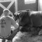 Inmate Wes Goin, a member of the 'super class' learning horsemanship at the TRF's James River location comforts Talking Stuff, a horse in his care.