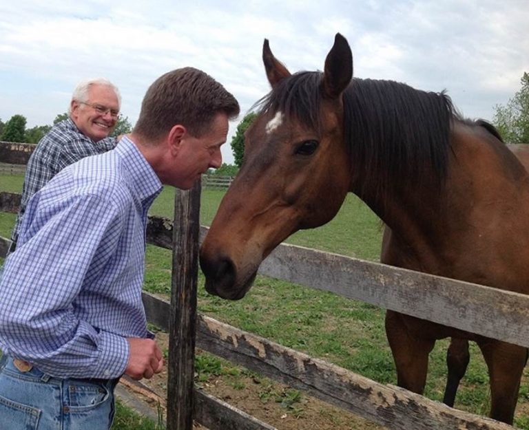 Richard “The Mig” Migliore visits with CL Rib at the Thoroughbred Retirement Foundation’s facility in Wallkill, N.Y.